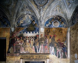 Ludovico Gonzaga, Marsilio Andreasi, Brandenburgi Barbara lányával, Paulával és Rodolfo Gonzagával alkotó: Andrea Mantegna