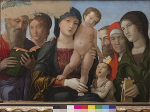 Madonna és gyermeke, Szent János, Alexandriai Szent Katalin és más szentek, 1480-88 alkotó: Andrea Mantegna