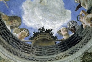 Occulus a Házastársak Háza mennyezetéről, Mantovai hercegi palota, Olaszország (Camera degli Sposi, Palazzo Ducale, Mantova): allegorikus alakok és putti részlete. Andrea Mantegna (1431-1506) freskója alkotó: Andrea Mantegna