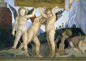 Putti pillangószárnyakkal, amelyek a dedikáló táblát támasztják, a Camera degli Sposi vagy a Camera Picta, 1465-74 freskórészlet a 78449-ből