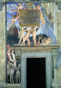 Putti pillangószárnyakkal a dedikáló táblát alátámasztó vadászkutyákkal és felvezetőikkel lent, a Camera degli Sposi vagy a Camera Picta, 1465-74 freskó részlete 78449 alkotó: Andrea Mantegna