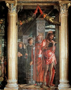 Szent János és Lorenzo és két szent, részlet a San Zeno oltárból alkotó: Andrea Mantegna