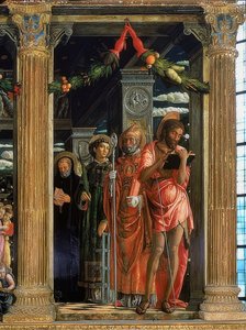 San Zeno oltár. Jobb oldal. 1457-1460. A részleten Keresztelő János, Római Lőrinc, Hippói Ágoston és Nursiai Benedek látható. alkotó: Andrea Mantegna
