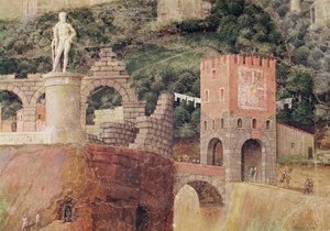 Francesco Gonzaga bíboros érkezése, a háttér részlete, amely Róma idealizált képét mutatja, 1465-74 körül (78457, 78449 részlet) alkotó: Andrea Mantegna