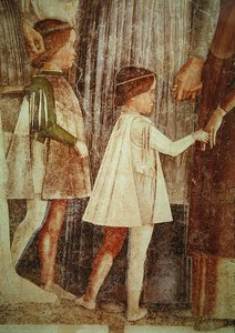 Francesco Gonzaga bíboros érkezése, akit apja Marchese Ludovico Gonzaga III és testvérei köszöntöttek, részlet a Gonzague-gyermekekről, c. 1465-74 (a 78454 részlete) alkotó: Andrea Mantegna