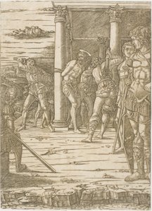 Krisztus lobogtatása, táj háttérrel alkotó: Andrea Mantegna