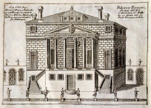 A La Malcontenta, Mira néven ismert Villa Foscari főhomlokzata, Andrea Palladio (1508-1580) tervei, metszet a Brenta-csatorna mentén, Velence városához közel, Vincenzo Coronelli (1650-1718), Velence