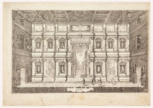A Vicenza városában található Teatro Olimpico belső tájékoztatója (Kilátás a vicenzai Teatro Olimpico színpadára)