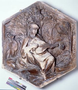 Költészet, hatszögletű, dekoratív domborműves csempe a Hét szabad művészetet ábrázoló sorozatból, valószínűleg Giotto (1266-1337 körül) tervei alapján, 1334-48 körül (márvány).