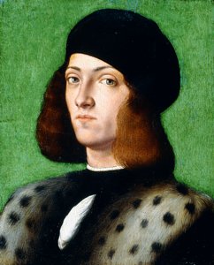 Egy fiatal úriember portréja, mellig érő, fekete sapkát és fekete kabátot visel, 1506
