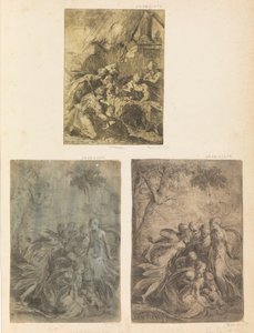 Pásztorok imádása, Mózes megmentve a Nílusból, kb. 1540-44. alkotó: Andrea Schiavone