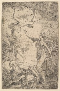 Apolló jobb oldalon íjjal, balról Daphnét üldözi, kb. 1538-40. alkotó: Andrea Schiavone