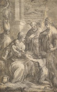 Különféle szentek tanúi Keresztelő János hódolatának a csecsemő Krisztus előtt. alkotó: Andrea Schiavone