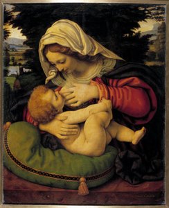 Andrea Solario (1460-1522) Szűz zöldpárnás festménye 15. századi V. 0,59x0,47 m
