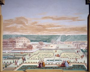 Perspektivikus rajz egy villa és képzeletbeli kertről, Andrea Urbani (1711-1798) freskója a Villa Pisaniban, Stra, Veneto. Olaszország alkotó: Andrea Urbani