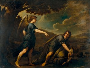 Az angyal és Tóbiás a hallal - Andrea Vaccaro (1604-1670) festménye, olaj, vászon (199,5x262 cm), 1640 körül, olasz művészet