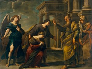 Raguel megáldja lányát, Sarah-t, mielőtt elutazik Ecbatane-ba, Tóbiással (Raguel áldása lányára, Sarah-ra, mielőtt elhagyná Ecbatanát Tobiasszal) - Andrea Vaccaro festménye (1604-1670), olaj, vászon (200,3x262 cm), művészet kb. 1641-es olasz század,