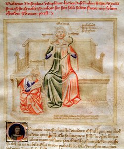 A dialektika allegóriái a "Chansonne des sept Vertus et des sept Arts liberales dedined to Bruzio Visconti" (Az erények és tudományok éneke) című művében, Bartolomeo di Bartolitól. Andrea di Bartoli akvarellje (aktív 1358 és 1368 között) (ms. 599, fo