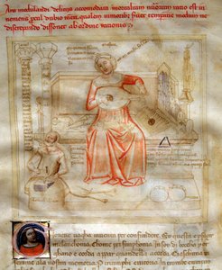 Allegorie de la Musique in „” Chansonne des sept Vertus et des sept Arts liberales destinee à Bruzio Visconti” (La Canzone delle Virtu e delle Scienze), Bartolomeo di Bartoli. Andrea di Bartoli akvarellje (aktív 1358 és 1368 között) (ms. 599, fol.