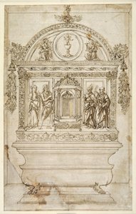 Tervezés egy kápolna oltárához, tabernákulummal az Eucharisztia számára (toll és barna tinta barna mosással fehér papíron) alkotó: Andrea del (follower of) Verrocchio