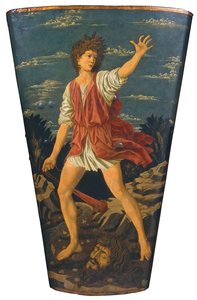 Dávid Góliát fejével, 1450-55 körül (tempera bőrön, fán)