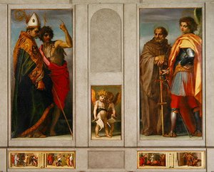 Oltárkép a négy szenttel: Mihály arkangyal, Mihály, Gualberto János, Bernard és Keresztelő János, 1528. alkotó: Andrea del Sarto