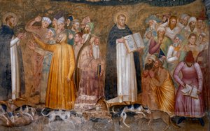 A harcos egyház diadala: Aquinói Tamás az eretnekek előtt és jobbra lent, Fra Dolcino megszaggatta az egyház hivatalos tanát. Spagniards kápolna (a freskó részlete, 1365)