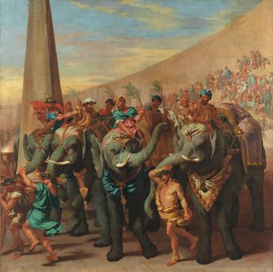 Elephants dans un cirque – Elefántok a cirkuszban, Andrea di Leone (1596-1675). Olaj, vászon, kb 1637-1640. Mérete: 229x231 cm. Prado Múzeum, Madrid
