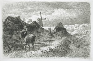 Táj kunyhókkal és szélmalommal alkotó: Andreas Achenbach