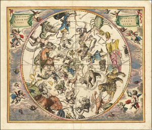1660-as égi térkép, amely az északi félteke csillagképeit ábrázolja a Föld déli féltekéje fölé helyezve. alkotó: Andreas Cellarius