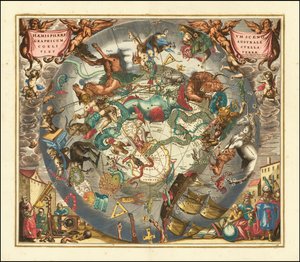 1660-as égi térkép a déli égboltról, amely a déli félteke csillagképeit ábrázolja. alkotó: Andreas Cellarius