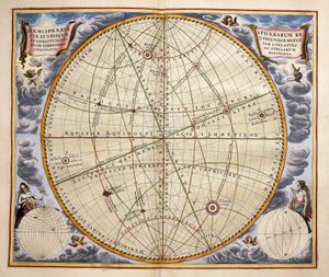 Bolygók és csillagok pályái a Földről nézve, metszet a Harmonia Macrocosmicáról, Andreas Cellarius (1596-1665) alkotó: Andreas Cellarius