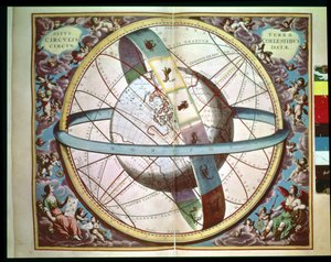 Világtérkép körbefutó állatövvel, „Situs Terrae Circulis Coelestibus Circumnate”, „Az égi atlasz, avagy a világegyetem harmóniája” (Atlas coelestis seu harmonia macrocosmica) Amszterdam, 1660 körül alkotó: Andreas Cellarius
