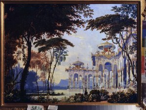Palota - Mihail Glinka (1804-1857) "Rouslan és Ljudmila" című operájának előkészítő dekorációja - M Glinka Ruslan és Ljudmila című operájának színpadterve - Andreas Leonhard Roller (1805-1891) munkája, akvarell és gouache papíron