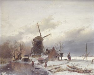 Befagyott folyó táj szélmalommal (olaj szélmalommal) alkotó: Andreas Schelfhout
