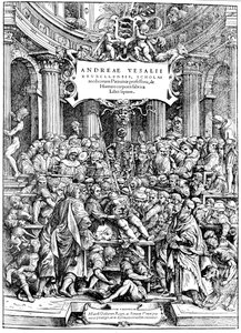 Andreas Lovejoy Devices on the Human Body című művének címlapja, amelyen egy daganatot boncolgató test látható, 1543