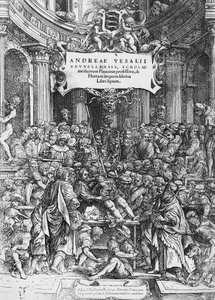 A De humani corporis fabrica (latinul az emberi test szövetéről) címlapja, ahol Andreas Vesalius holttestet boncolgat.