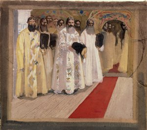 A cárra várva. Boyardok (boiardok, boiarok) a Moszkvai Hercegségben várják a nagyon békés cárként (1629-1676) ismert I. Alekszisz orosz cárt. Andrej Petrovics Rjabuskin (Riaboutchkine) munkája (1861-1904) alkotó: Andrei Petrovich Ryabushkin