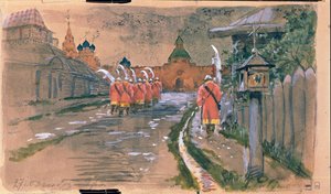 Utcai járőr az Iljinszkij-kapunál a régi Moszkvában. Andrej Petrovics Rjabuskin (Riaboutchkine) (1861-1904) munkája, akvarell papíron alkotó: Andrei Petrovich Ryabushkin