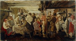 Parasztlakodalom a Tambov régióban (Oroszország). (Parasztlakodalom a Tambov-vidéken). Andrej Petrovics Rjabuskin (Riaboutchkine) (1861-1904) festménye, olaj, vászon, 1880 körül. 19. századi orosz művészet. Állami Tretyakov Galéria, Moszkva. alkotó: Andrei Petrovich Ryabushkin