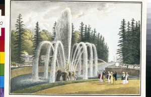 Kilátás a Sámson-kútra a Peterhof felső kertjében, Oroszországban (The Samson Fountain in the Upper Gardens of Peterhof). Andrej Jefimovics Martynov (1768-1826) litográfiája és akvarellje