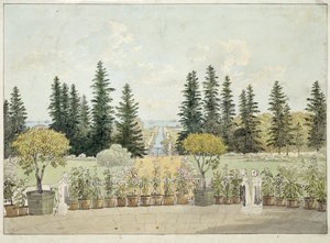 Kilátás az Oranienbaum Palota teraszáról, Lomonoszovban, Szentpétervár agglomerációjában (Kilátás a Nagy Oranienbaum Palota teraszáról). Andrej Jefimovics Martynov (1768-1826) munkája, akvarell papíron alkotó: Andrei Yefimovich Martynov