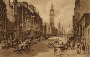 Edinburgh: High Street, kilátással a Tron-templomra és a St Giles-székesegyházra (litho)