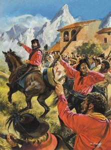 Guiseppe Garibaldi (1807-82) és serege a neopolit királyi csapatokkal vívott csatában (gouache, papír) alkotó: Andrew Howat