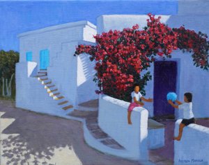 Labdajáték, Szamosz, Görögország, 2022 (olaj, vászon) alkotó: Andrew Macara
