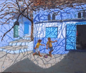 Labdajátékok az utcán, Chefchaouen, Marokkó, 2018, (olaj, vászon) alkotó: Andrew Macara