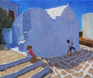 Tücsök a templom falánál, Mykonos (olaj, vászon) alkotó: Andrew Macara