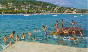 Leugrás a sziklákról; Cinque Terre, Positano, Olaszország, 2000 (olaj, vászon) alkotó: Andrew Macara