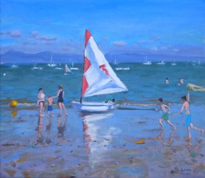 Piros és fehér vitorlás ,Abersoch (olaj, vászon) alkotó: Andrew Macara
