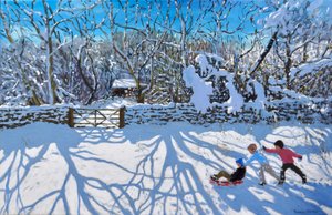Szánkózás, Gambols Lane, Dovehead, High Peak, Derbyshire, 2021 (olaj, vászon) alkotó: Andrew Macara